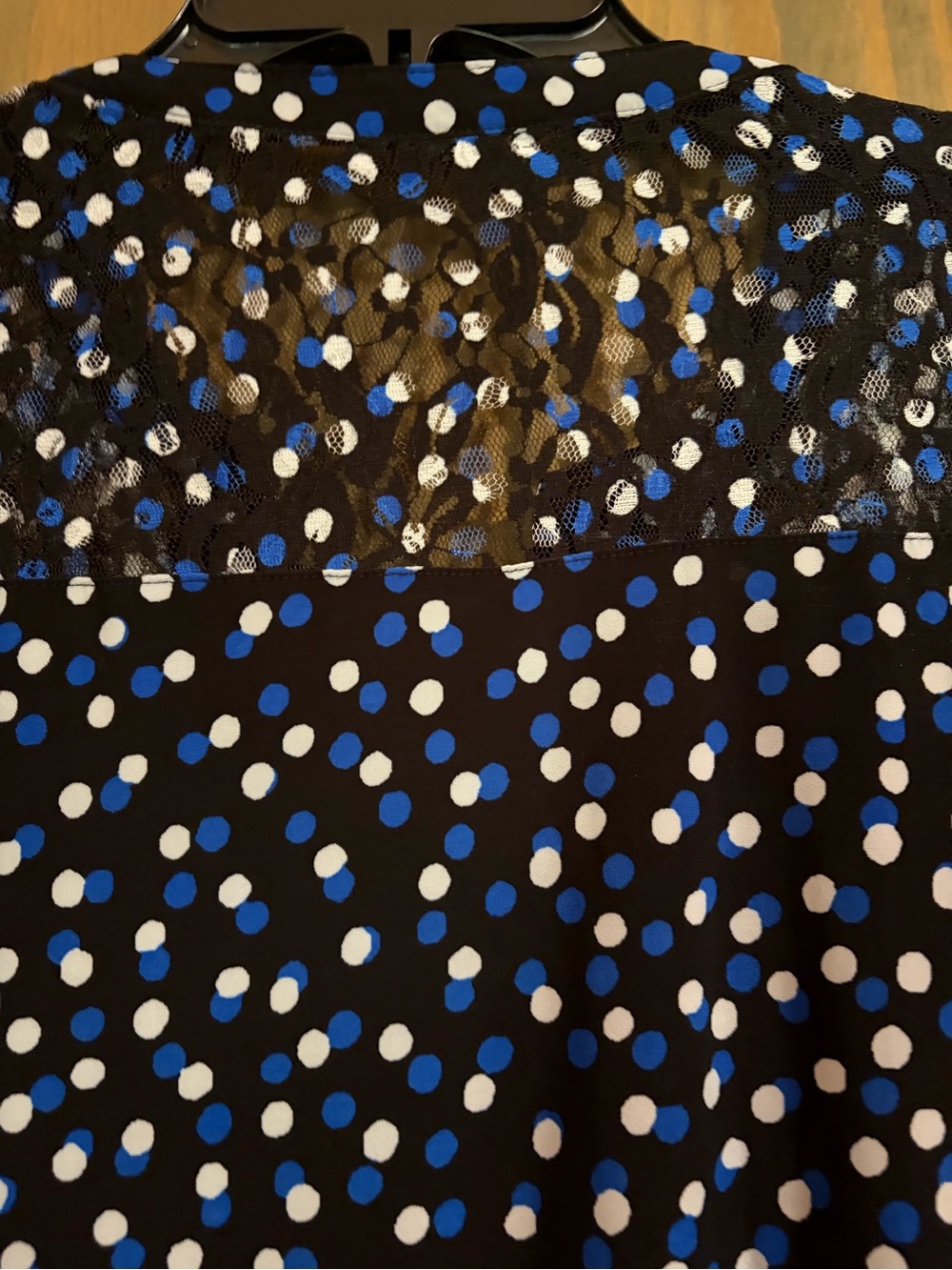 Ava & Grace Black Blouse with Blue and White Polka Dot Print and Lace Yoke